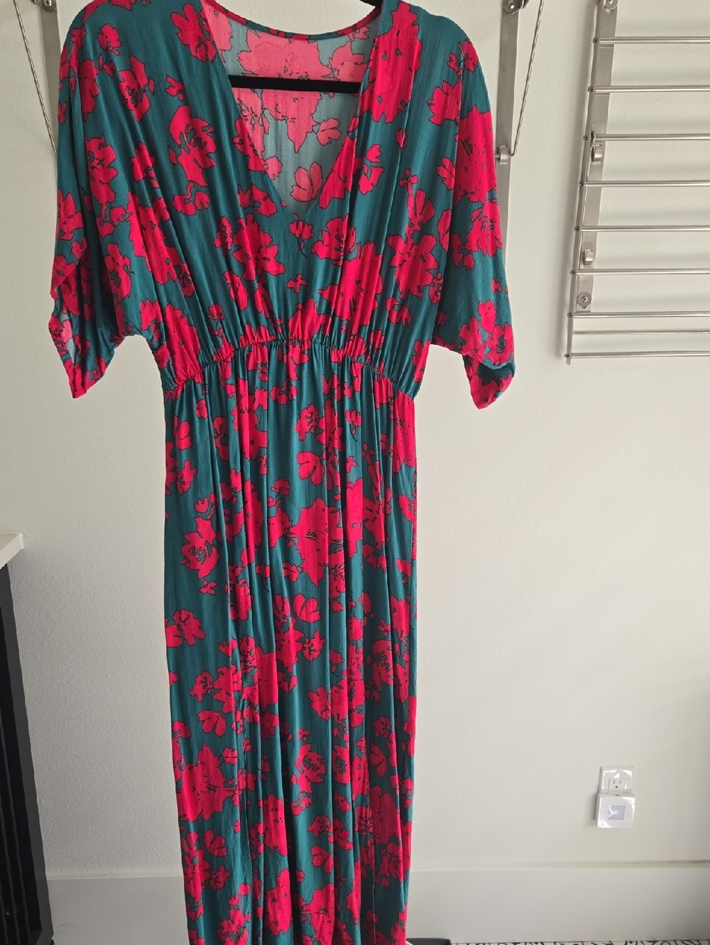 Teal Maxi Dress with Fuchsia Floral Print - Elastic Waist